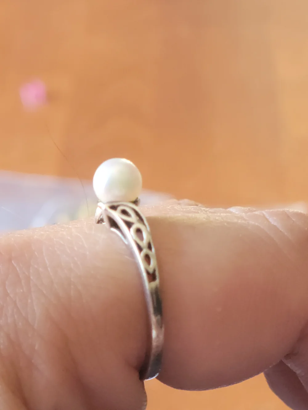 Sterling Silver Pearl Ring with Filigree Band - White Pearl